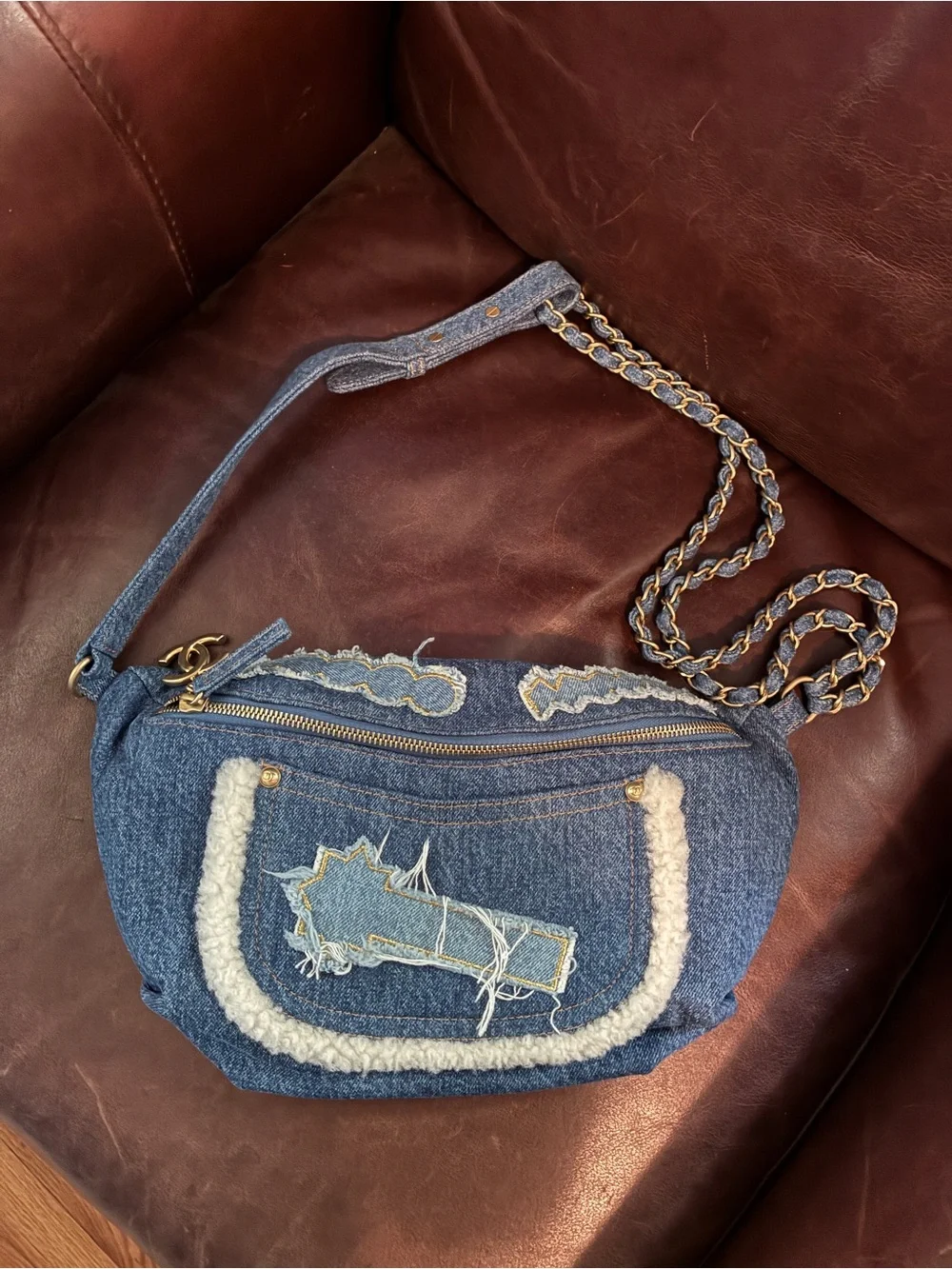 CHANEL Blue Denim Crossbody Belt Bag with Gold CC Charm